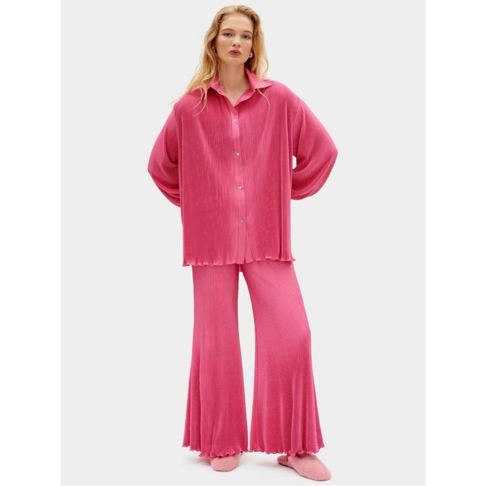 Sleeper Pink Ribbed Pajama Shirt & Flared Pants Set